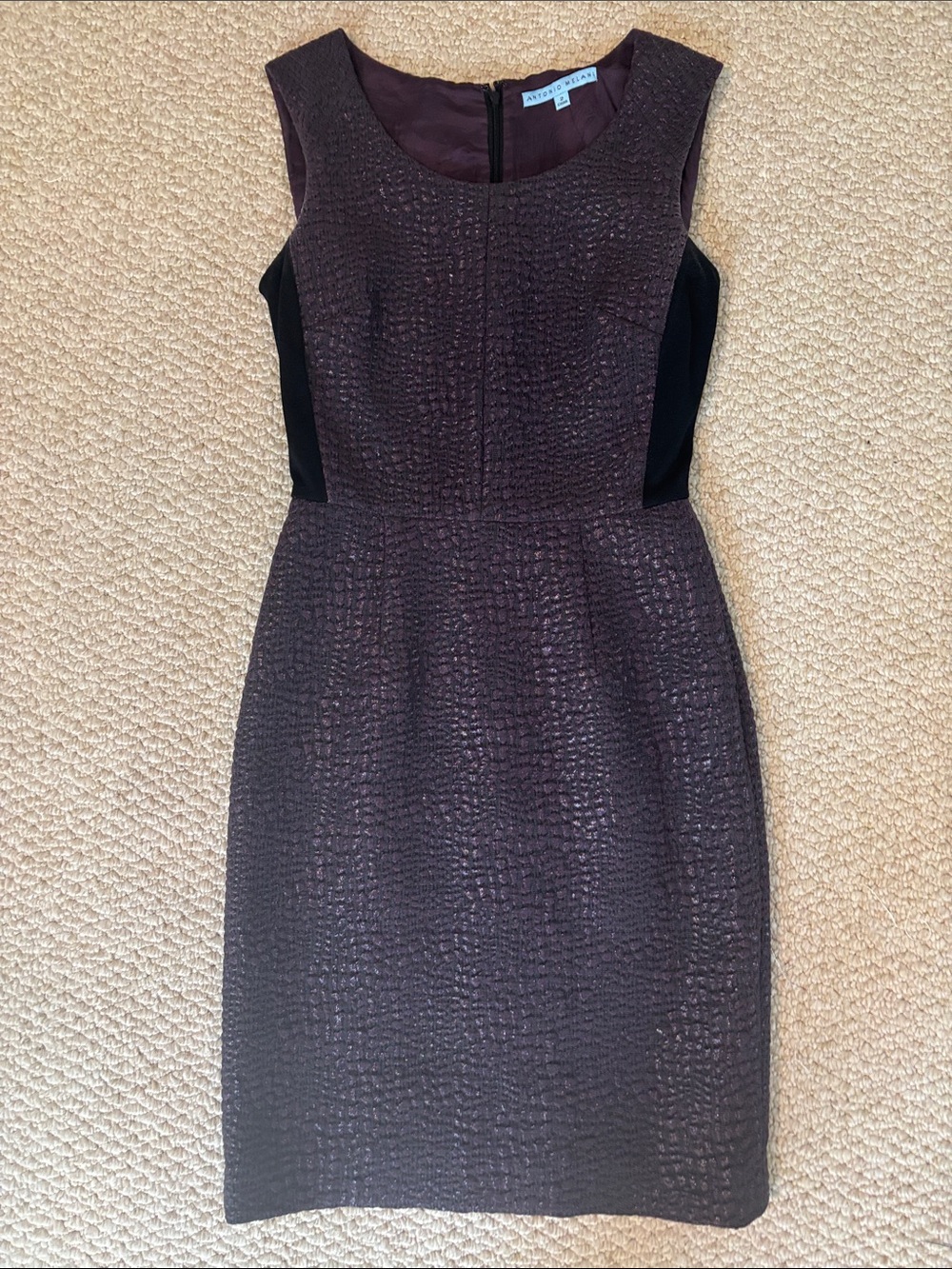 Antonio Melani Plum Textured Sleeveless Sheath Dress with Black Side Panels